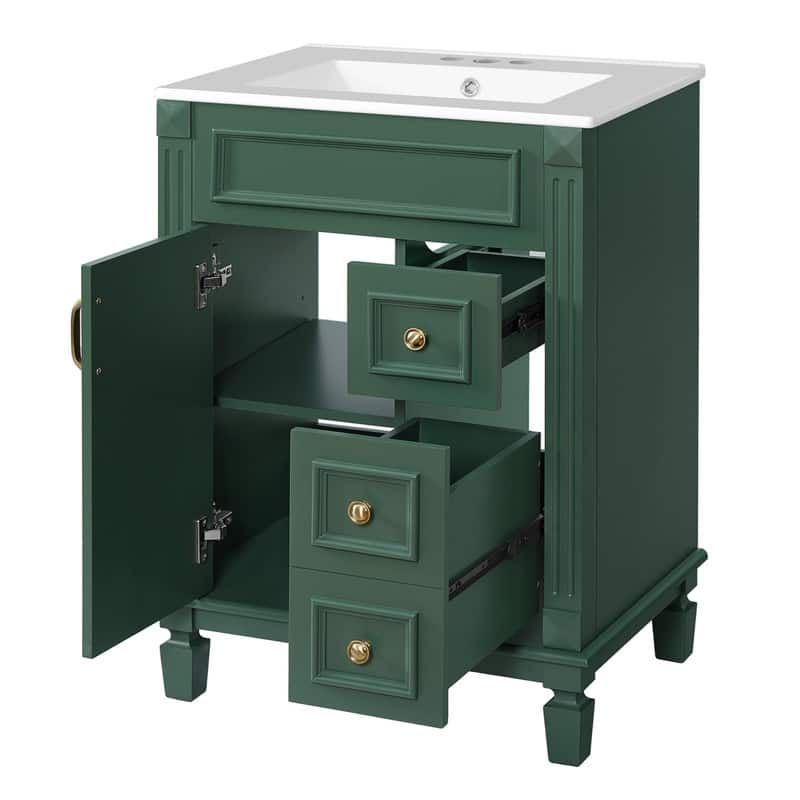24" Bathroom Vanity with Ceramic Sink, 2 Drawers and Adjustable Shelf
