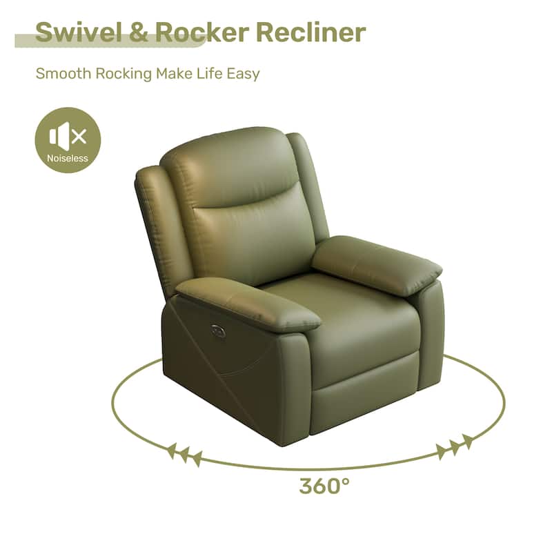 Rocker Recliner Chair with USB Charging Port, Swivel Sofa Chair with Overstuffed Cushion, Oversized Lounge Chaise Chair