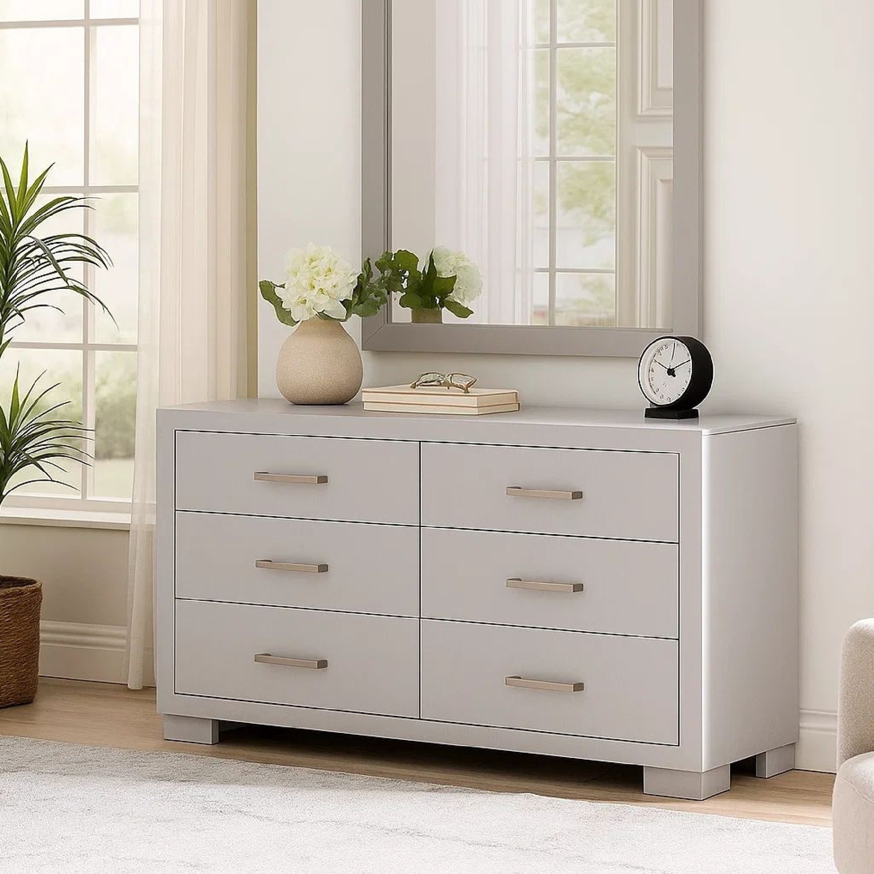 white dresser with silver handles Acme West Esther White/Silver and undeniable warmth to your bedroom with this gorgeously made tall five drawer dresser Six Drawers Dresser with Silver