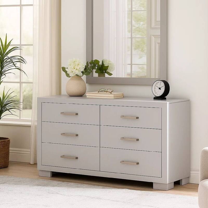 Bela 64 Inch Wide 6 Drawer Dresser, Felt Lined, Silver Handles, Crisp White