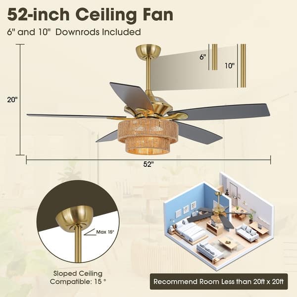 52" Farmhouse Natural Rope Reversible 5-Blade Gold Ceiling Fan with Remote
