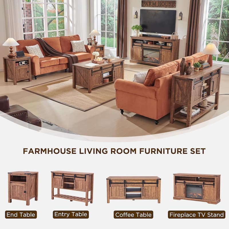 Farmhouse Nightstand with Charging Station, Wood End Table, Side Table
