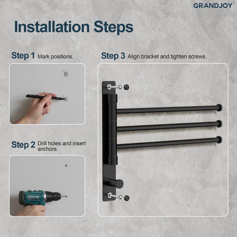 GRANDJOY Wall-Mounted Stainless Steel Swivel Towel Bar with 3 Rotatable Arms