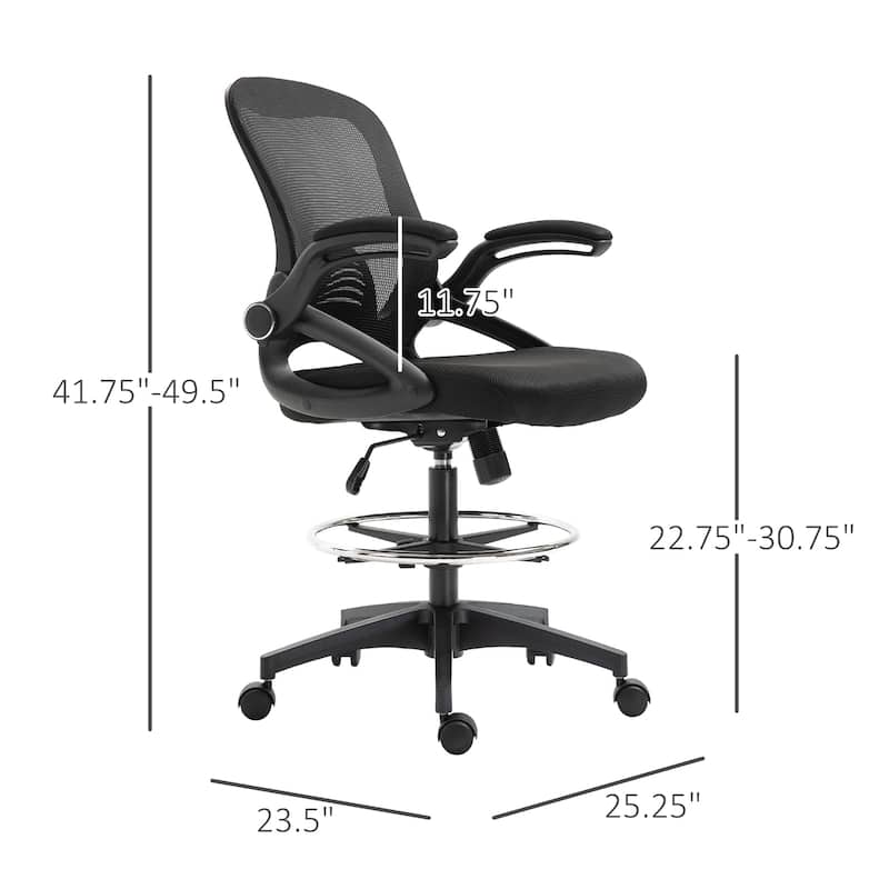 Vinsetto Drafting Office Chair with Flip-Up Armrests, Footrest Ring and Adjustable Seat Height, Black