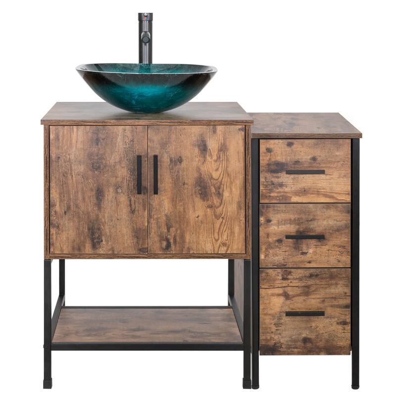 36" Bathroom Vanity Set Organizer Top Vessel Sink W/ Faucet Drain Cabinet Combo