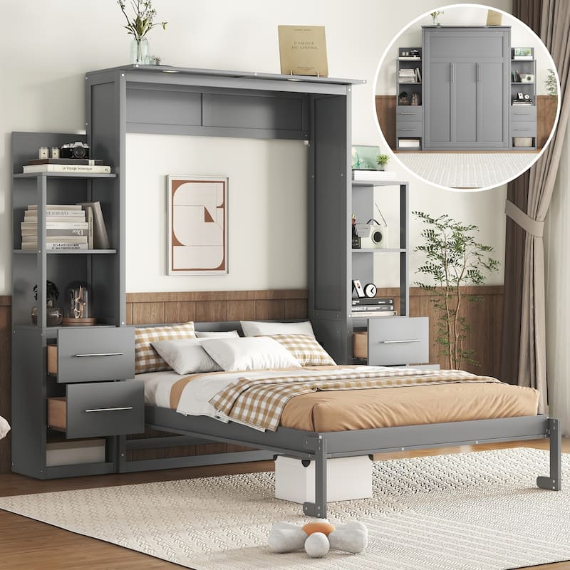 Space-Saving Full Size Wall Bed with Shelves, Drawers, and LED Lights - Gray