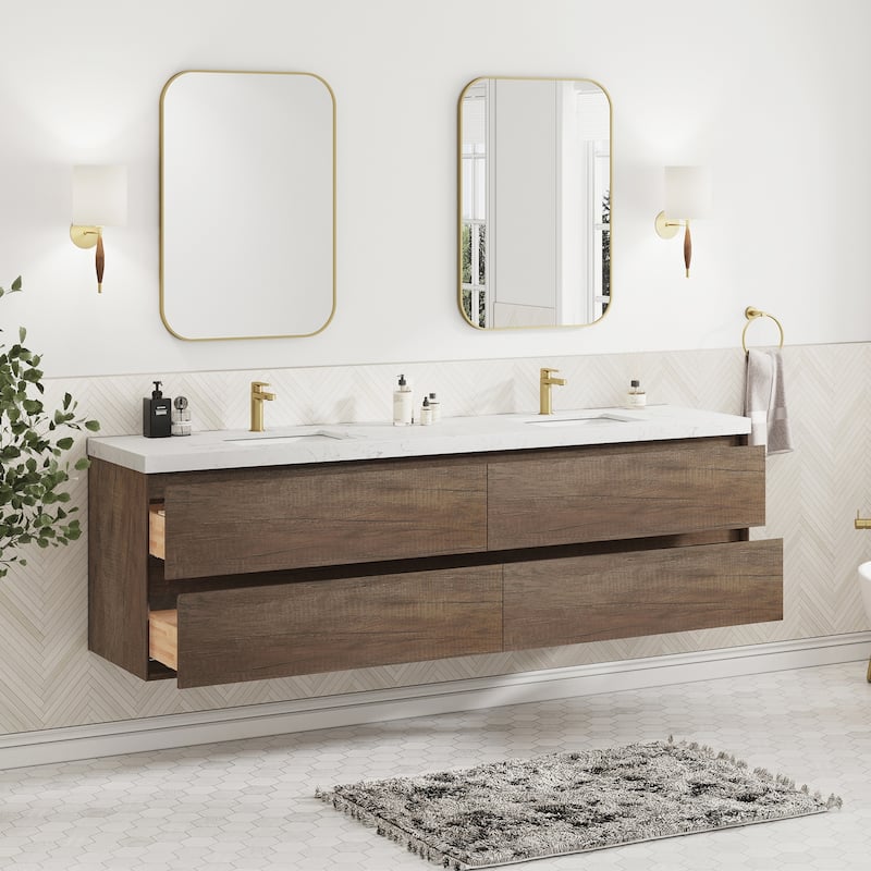 Sylphar 84 inch Bathroom Vanity with Sink, Floating Oak Cabinet with Stone Top
