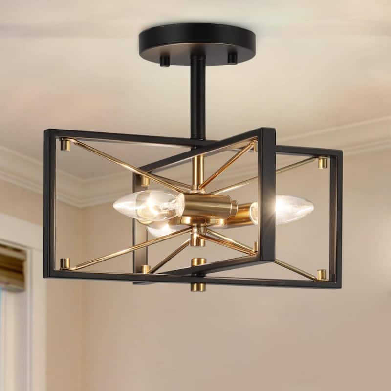 Modern Black Gold 3-Light Sputnik Semi-Flush Mount Ceiling Light Cage Starburst Chandeliers - 13"L x 10.5"H