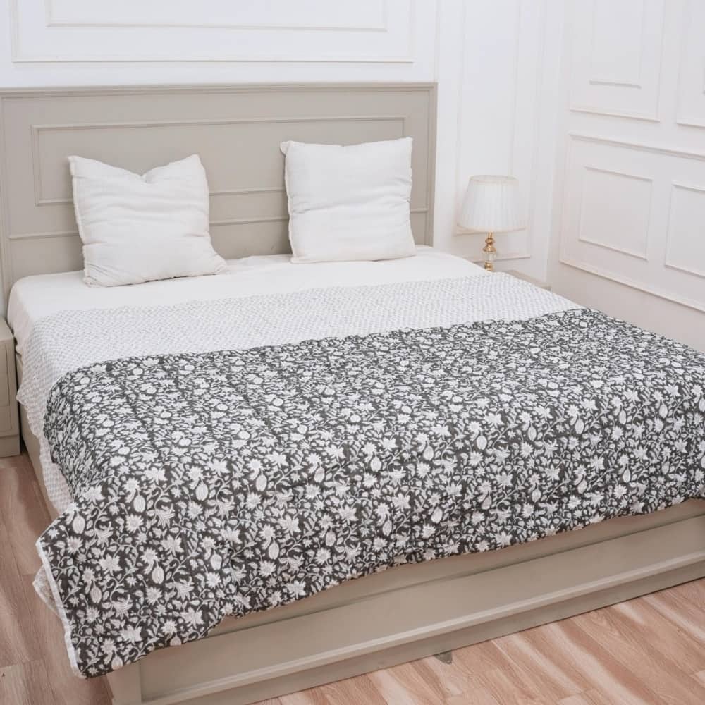 Fabdivine Handmade Block Print Reversible Black Quilt Floral Soft or Breathable Fabric