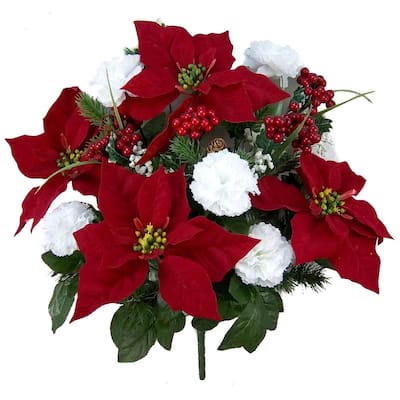 GPB0707-RD/WT Faux Velvet Poinsettia Carnation Berry Christmas Bush, Red/White - N/A