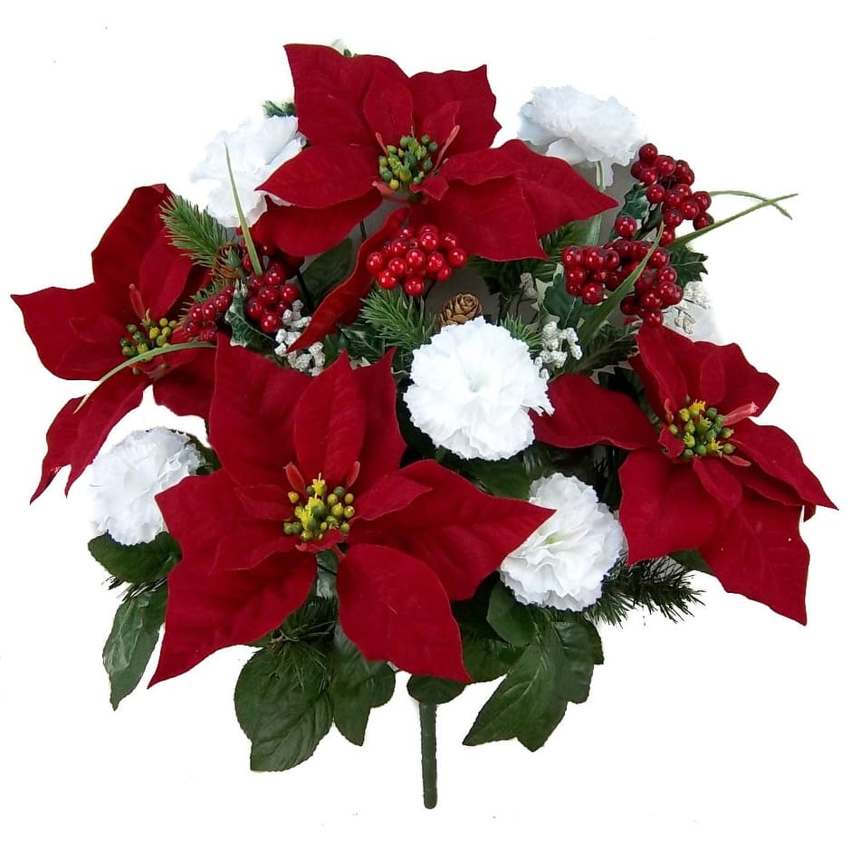 GPB0707-RD/WT Faux Velvet Poinsettia Carnation Berry Christmas Bush, Red/White - N/A