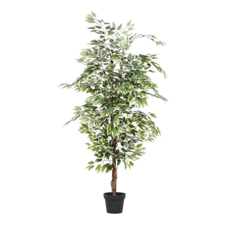 Green Faux Foliage Ficus Artificial Tree with Realistic Leaves and Black Plastic Pot