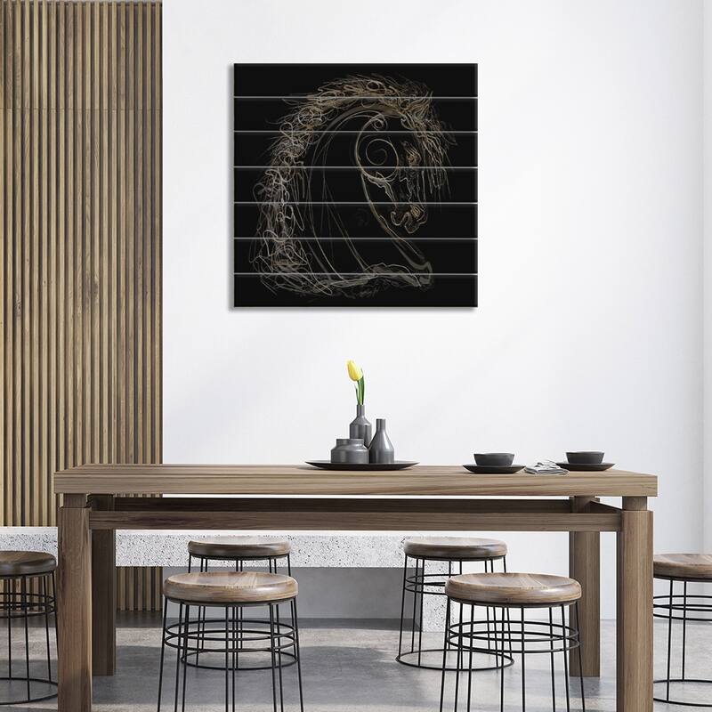 White Stallion Line Drawing Black Background Print On Wood by OLena Art - Multi-Color