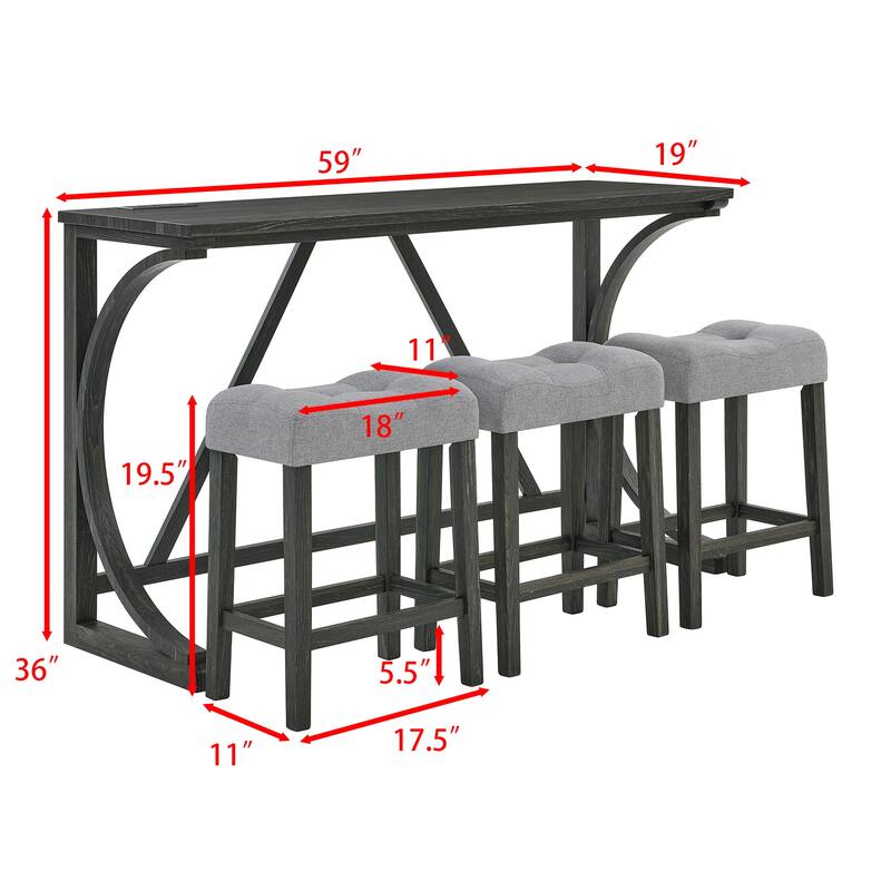 59" Bar Table Set with Power Outlet, Industrial Breakfast Table with 3 Stools, 4 Piece Counter Height Bar Table and Chair Set