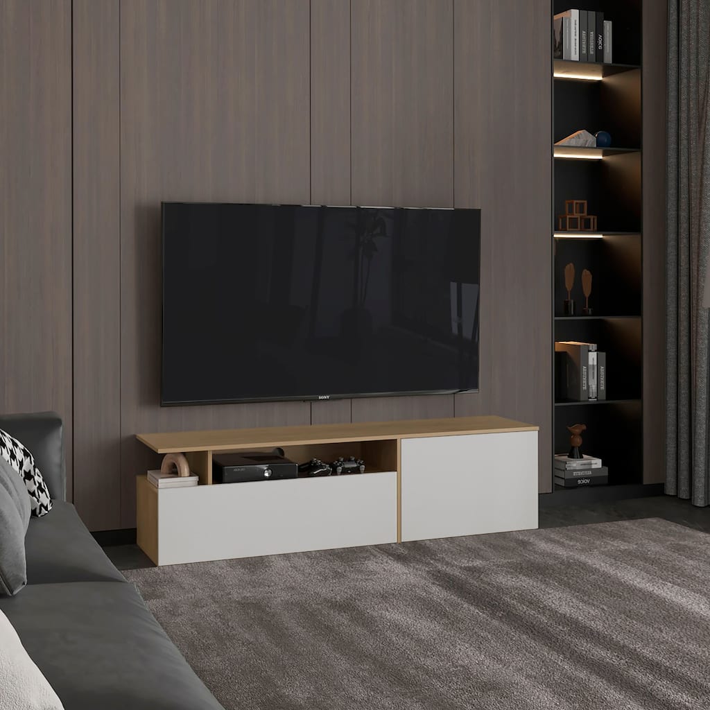 Tv Stand with Sleek and minimalist design,60" TV Capacity,2 Doors, 4 Shelves,FSC Certified CPSIA Compliant