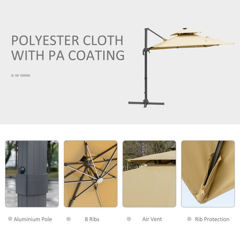 Cantilever Patio Umbrella 2 Tops Outdoor Umbrella with LED Light and Power Bank 360° Rotation Cross Base for Garden