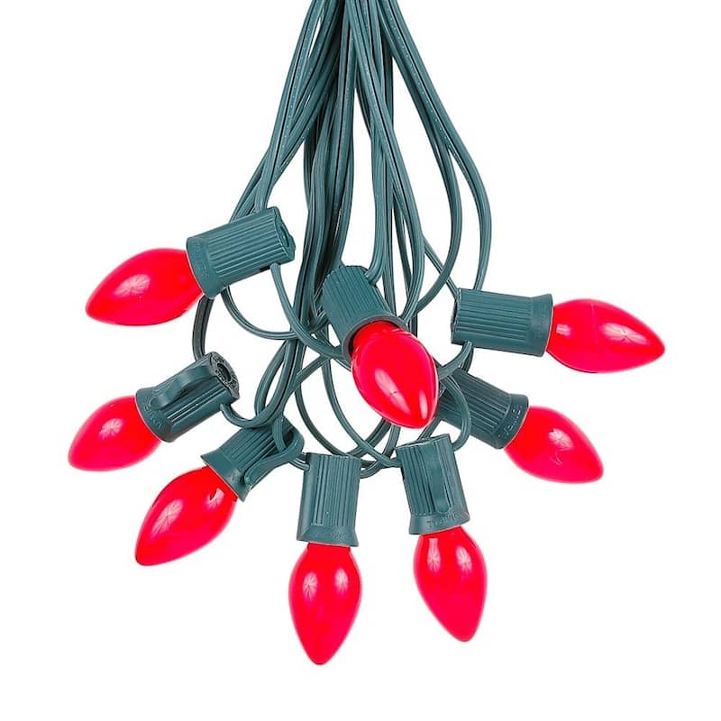 25 Foot C7 Ceramic Christmas Light Set, Hanging String Lights, Green Wire - Red