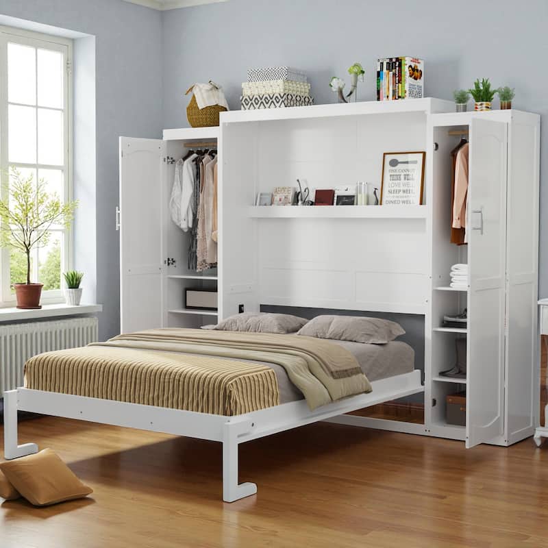 Queen Murphy Bed with Dual Wardrobes and Storage Shelf, Space-Saving Foldable Platform Bedframe for Bedrooms & Guest Rooms