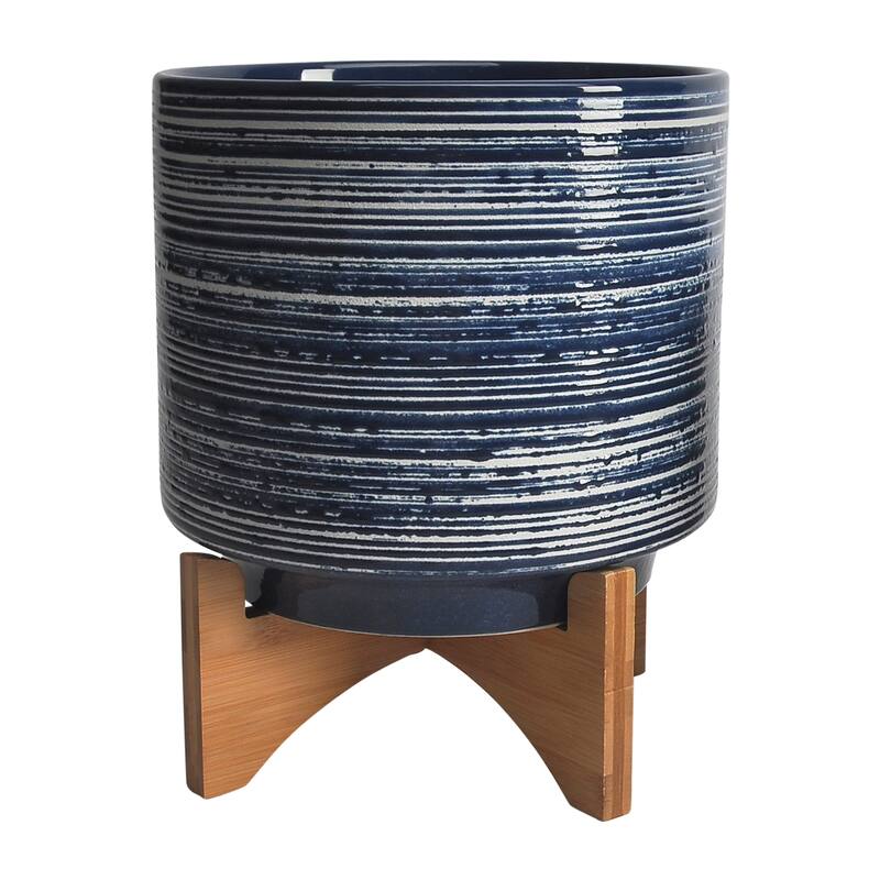 Sagebrook Home Striped Ceramic Planter with Wooden Stand Indoor/Outdoor