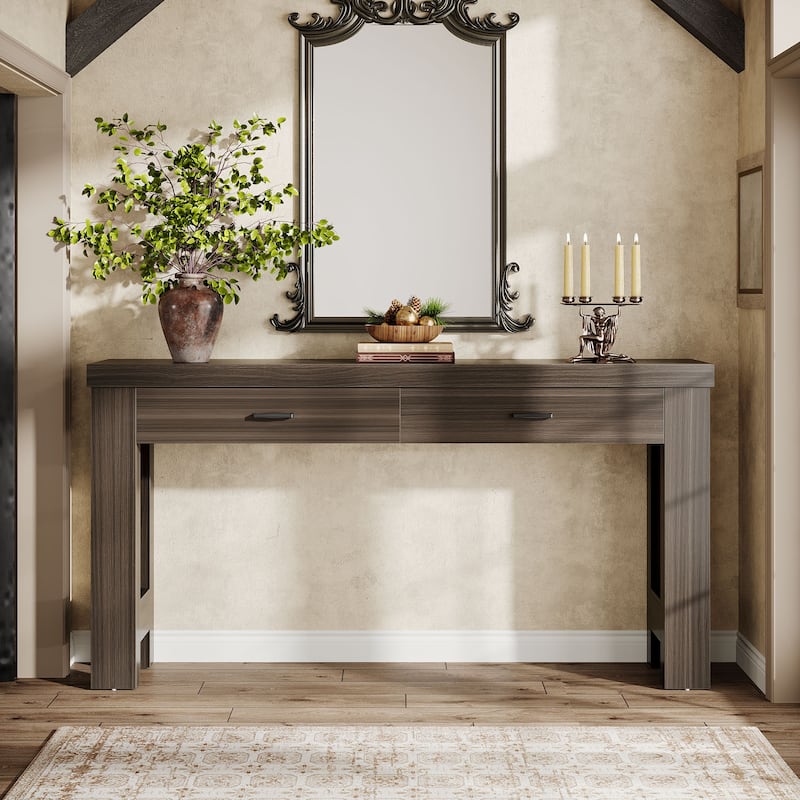 63 Inches Brown Wooden Console Table with Drawers, Farmhouse Entryway Table for Hallway