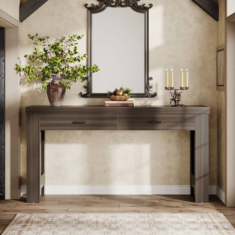 63 Inches Brown Wooden Entryway Table with 2 Drawers, Farmhouse Console Table for Hallway