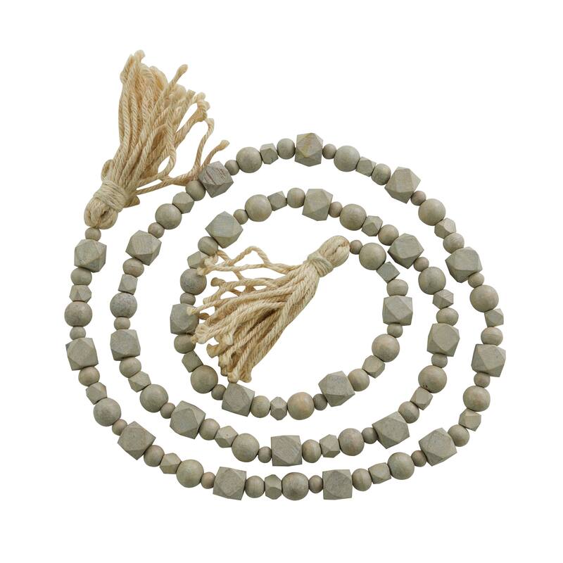 Bohemian Natural Wood Bead Garland with Cotton Tassels - 80 x 1 - Grey - Mixed Bead
