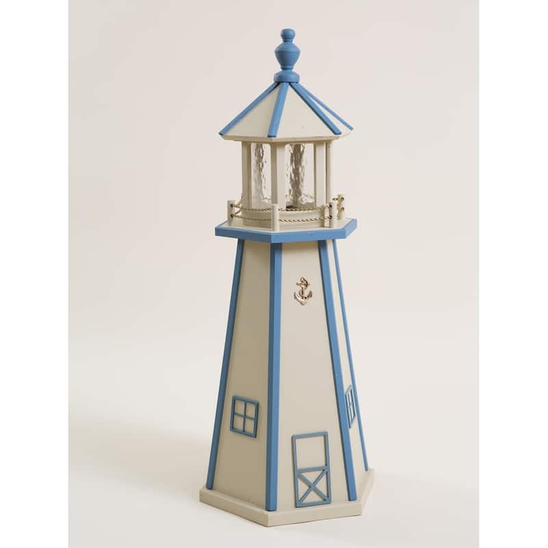 Wooden Lighthouse with Solar Light - 3 Foot - Beige/Blue