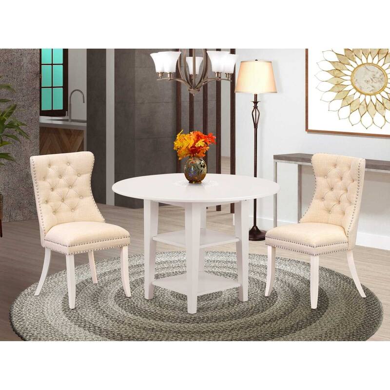 HomeStock 3-Pc Linen White Finish Round Solid Wood Top with Dropleaf Dining Table Set