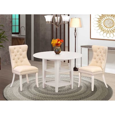 HomeStock 3-Pc Linen White Finish Round Solid Wood Top with Dropleaf Dining Table Set