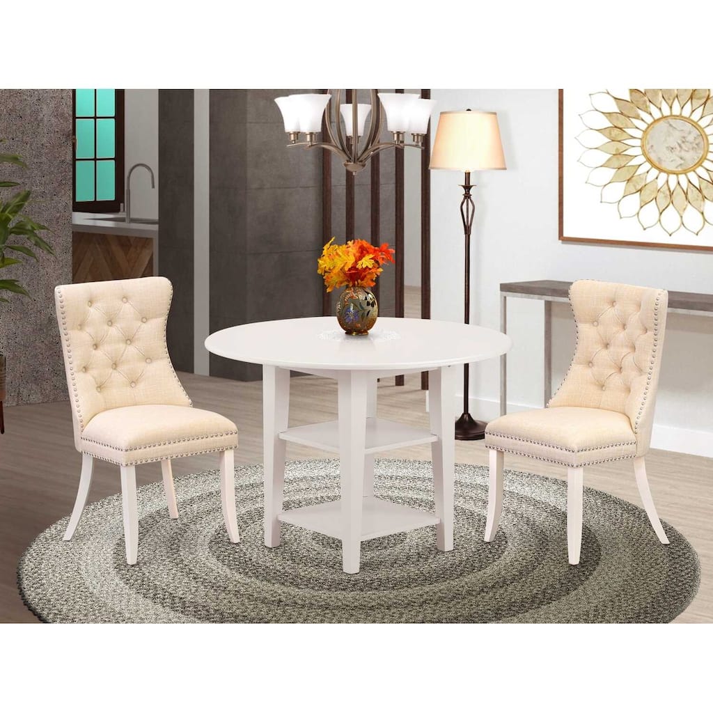 HomeStock 3-Pc Linen White Finish Round Solid Wood Top with Dropleaf Dining Table Set
