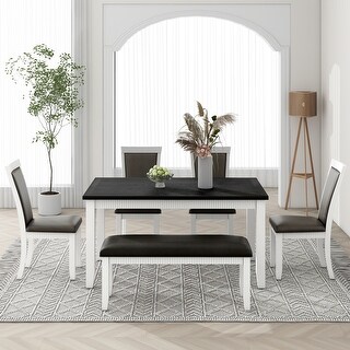 6-piece Rectangular Wood Dining Table Set w/PU Leather Chairs & Bench ...