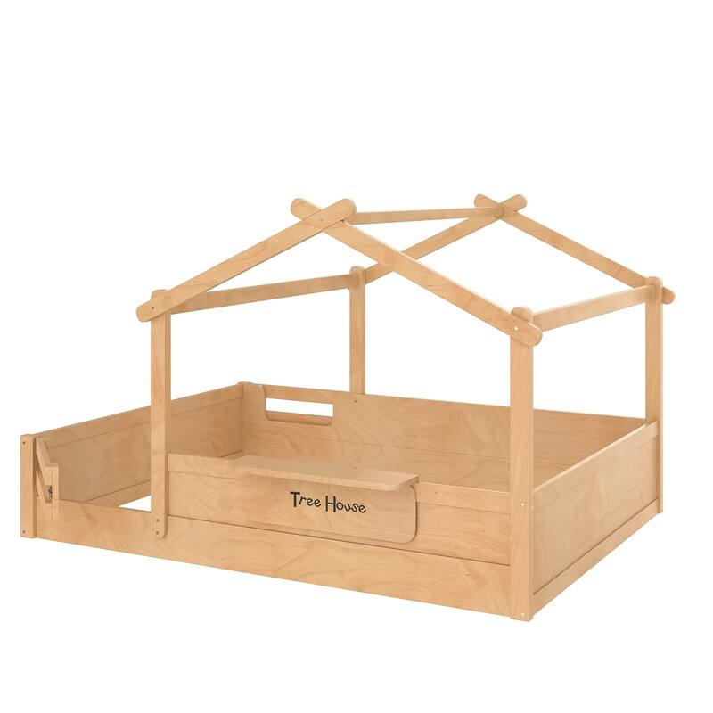 Roomfitters House Floor Bed with Guardrails and Roof, Solid Wood Frame with Tray and Signboard