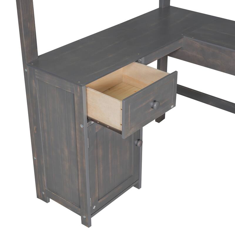 U-Shaped Desk Loft Bed with Storage Shelves & Drawers, Twin Size, Antique Brown