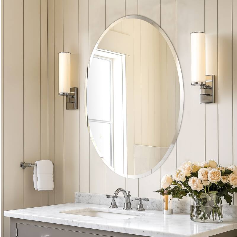 Frameless Bathroom Mirror Wall Mounted Modern Stylish Design with Contemporary Bevelled Edges - 24" W x 32" H Oval