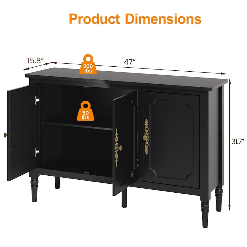 Black 3-Door Storage Cabinet with Adjustable Shelves and Turned Legs