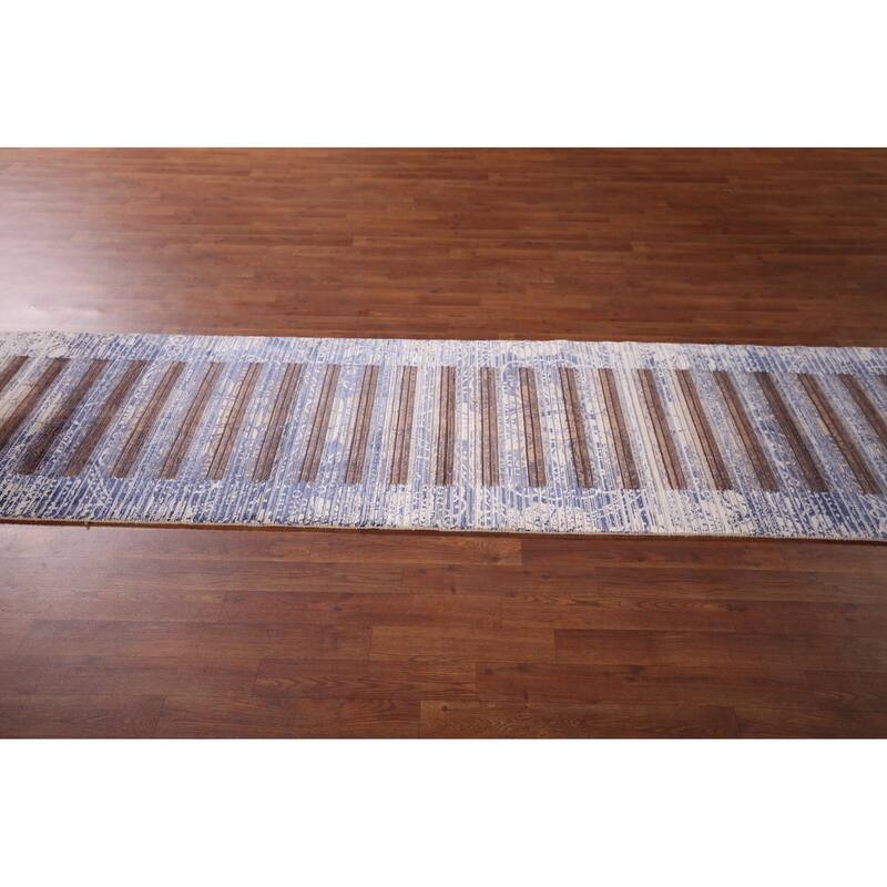 Striped Abstract Oriental Runner Rug Handmade Wool Carpet - 2'7"x 9'10"