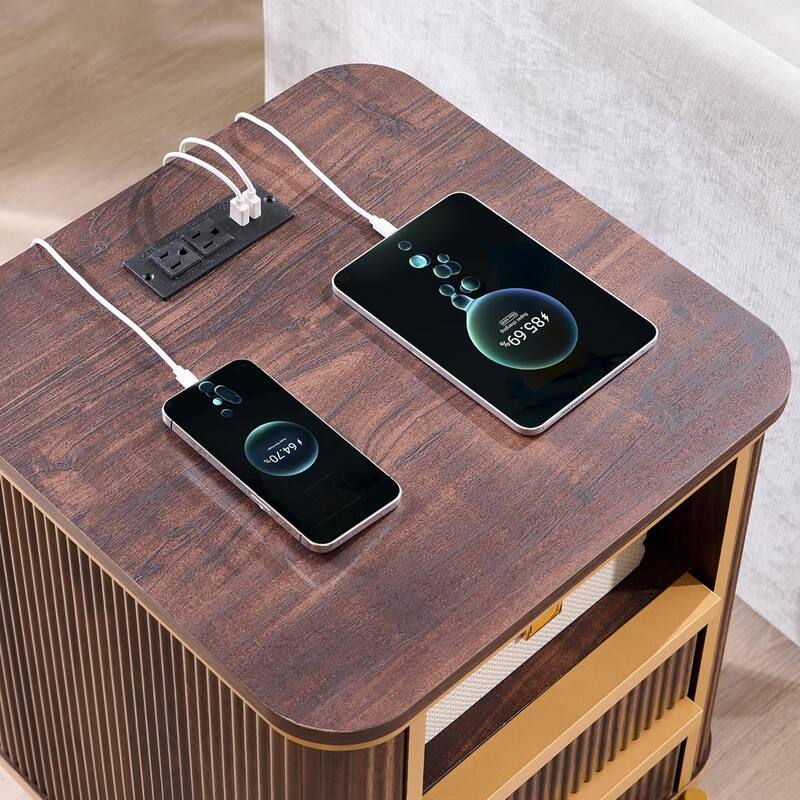 Modern Luxury Fluted Nightstand with faux marble tabletops, End Table