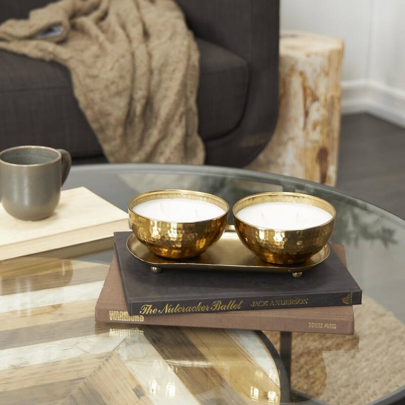 Metal Scented Hammered 12 oz 2 Wick Decorative Candle with White Wax - Set of 2 Gold, Copper, Silver - Roche River Decor