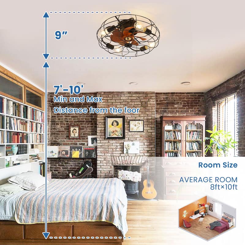 20" Black Industrial Caged Ceiling Fan with Lights and Remote Control - 20 Inch