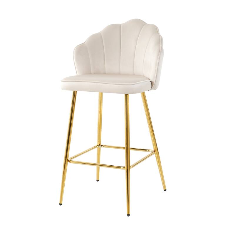 Velvet Shell Bar Stools Set of 2, Counter Height Chairs with Metal Legs, Upholstered Kitchen Island Chairs with Footres