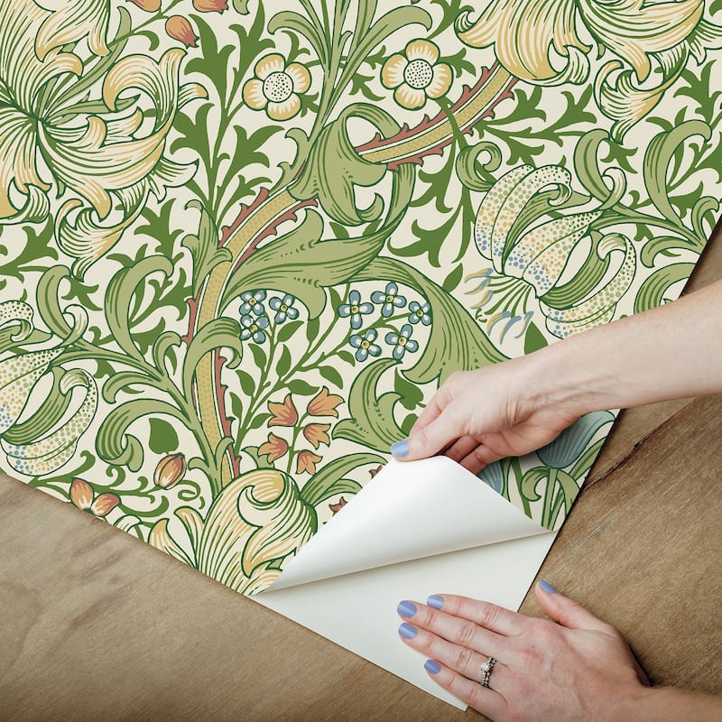 Golden lily Boughs Green Peel and Stick Wallpaper