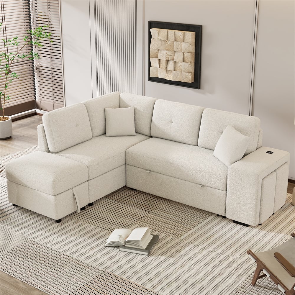 Sectional Pull Out Sofa Bed w/Storage Ottoman,2 Throw Pillows,2 Stools