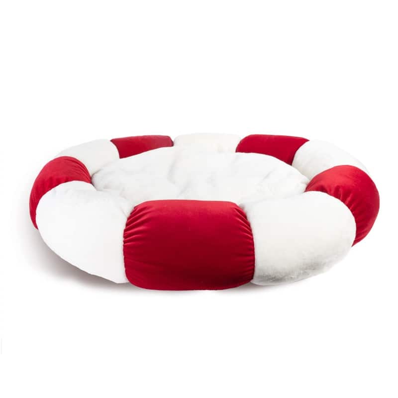 Sherry Kline Holiday "Daisy" Round pet bed in red velvet and natural sherpa