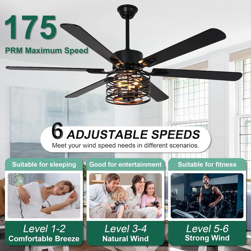 Cusp Barn 65 Inch Chandelier Fan Farmhouse Ceiling Fan with Light, Black Industrial Caged Silent Reversible DC Motor Ceiling Fan