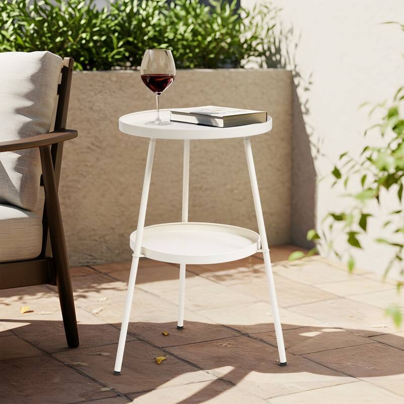 2 Tier Round Patio Small Side Table, Metal Coffee Table for Indoor Outdoor