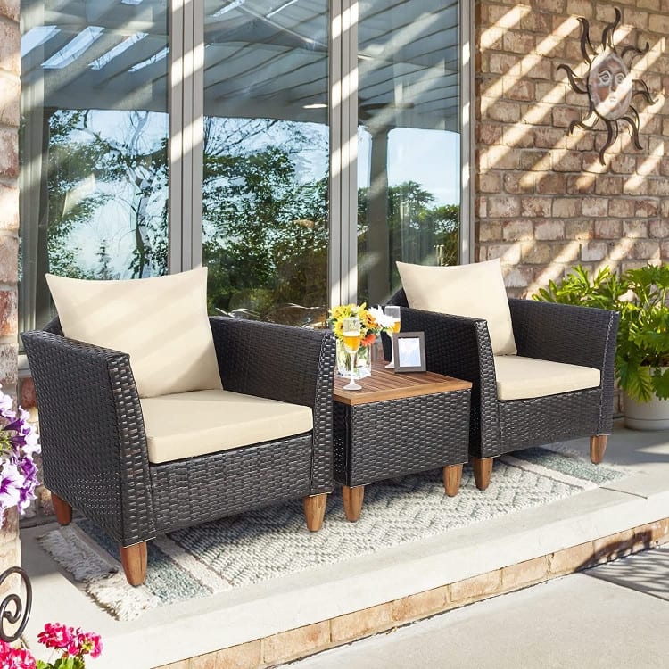 3 Pieces Patio Rattan Bistro Furniture Set with Wooden Table Top - Beige