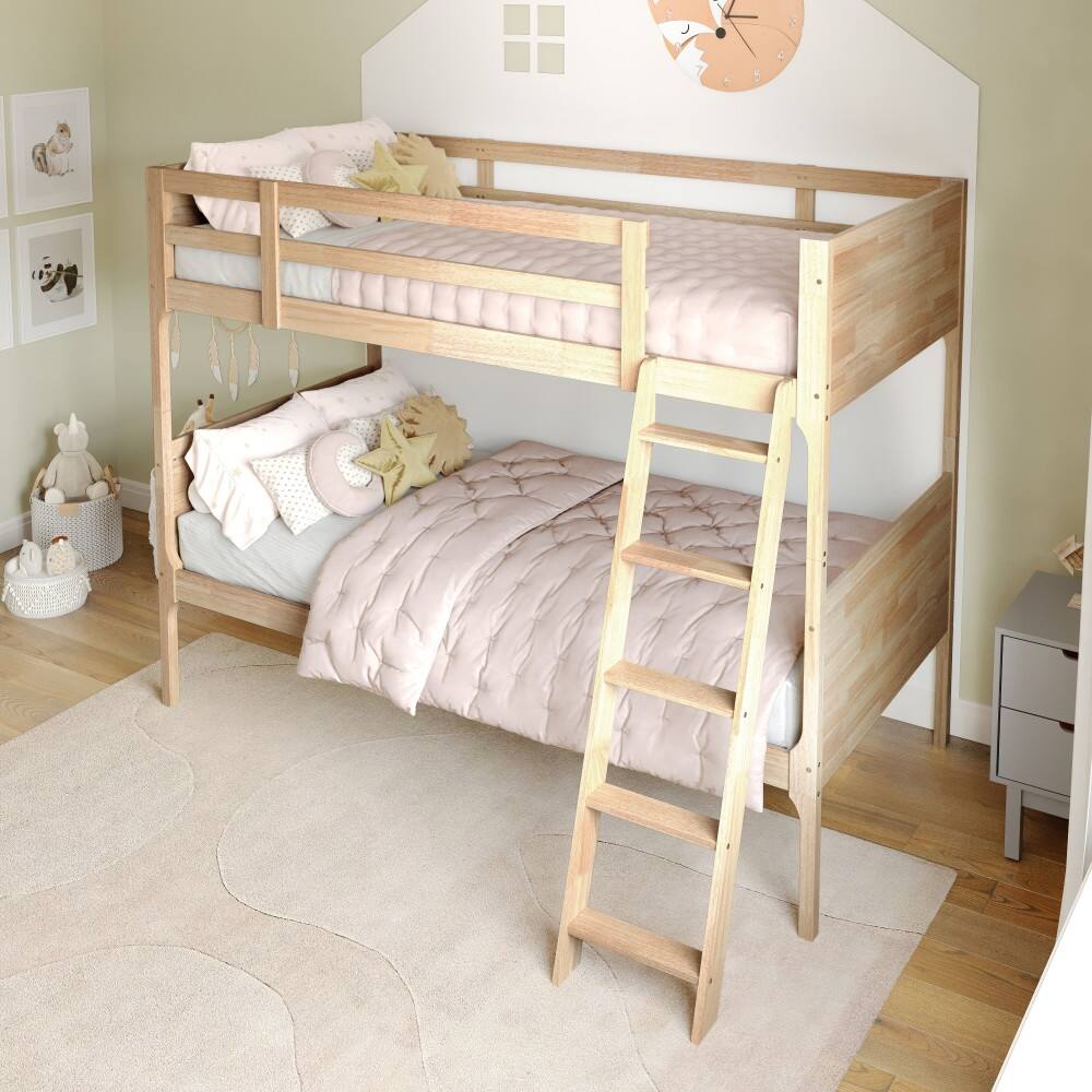 Convertible Solid Wood Bunk Bed Frame for Kids with Ladder, No Box Spring Needed