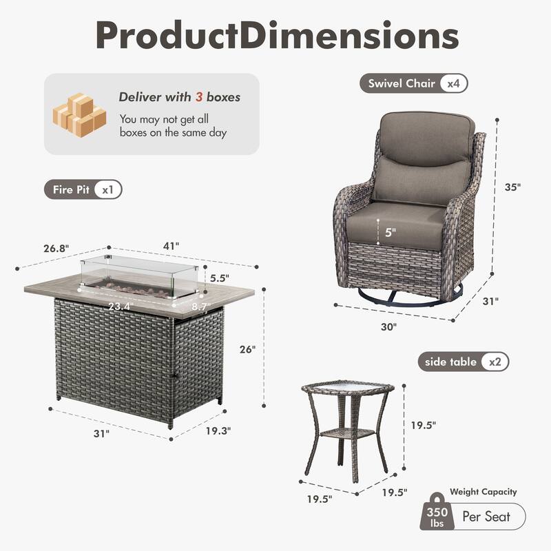 Meyreso 7-Piece Outdoor Patio Wicker Fire Pit 4 person Conversation Set with 5-Inch Thick Cushions