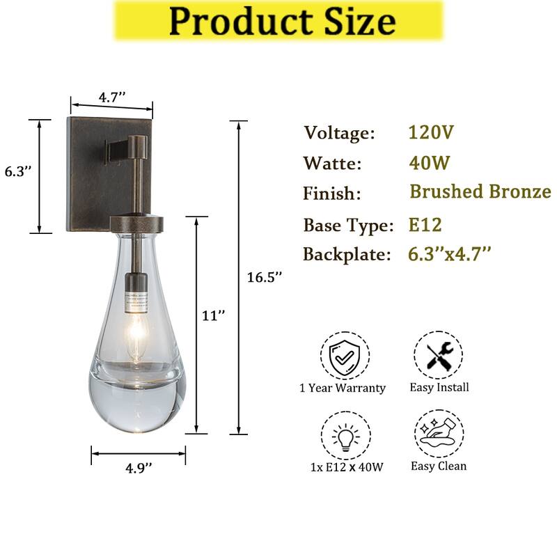 CraftHome W5" Farmhouse Raindrop Glass Bronze/Brush Black Nickel Wall Light Rustic Industrial Teardrop Bathrooom Vanity Light
