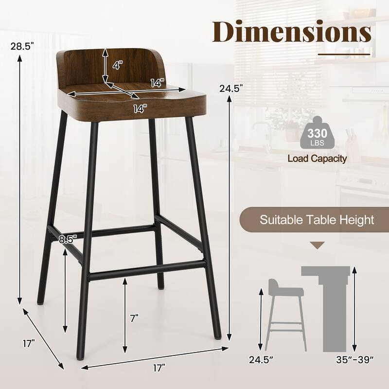 Gymax 24.5''Bar Stool Set of 2 Armless Bar Chair w/ Backrest Footrest